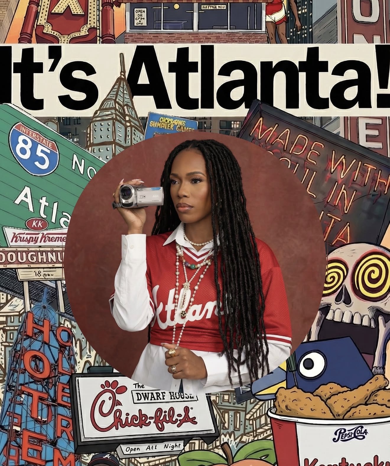 Leonia Moore, founder of Beauty AI Collective, holding a video camera in front of an Atlanta mural